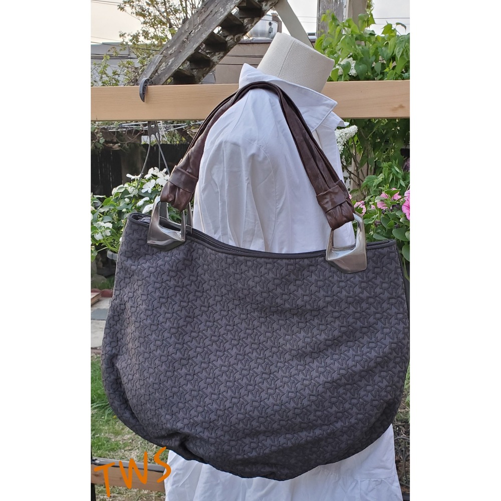 DKNY Embossed Monogram Hobo Shoulder Bag Gray Leather Accents